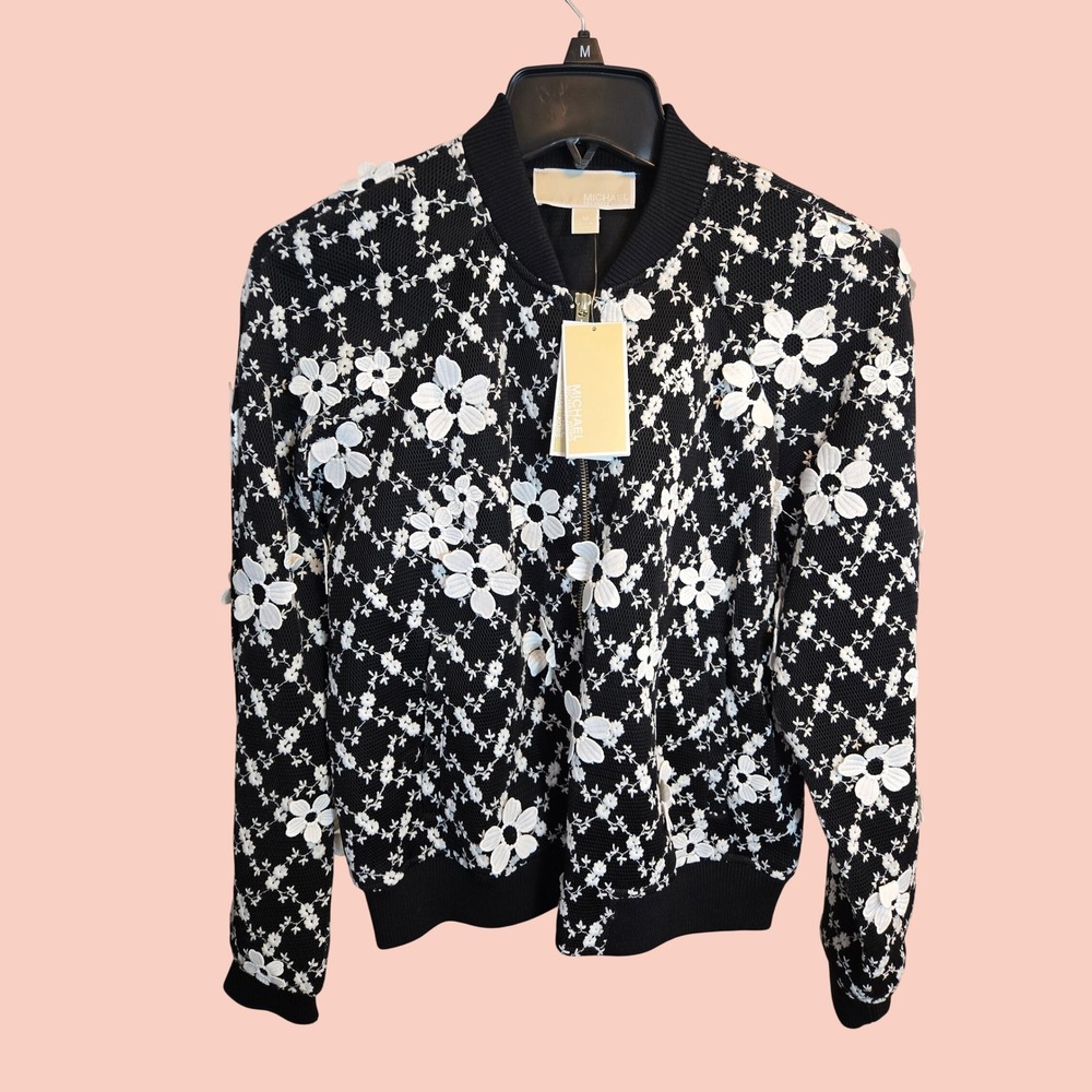 **MICHAEL Michael Kors Bomber Jacket M NWT 3D Floral Embroidered Mesh**